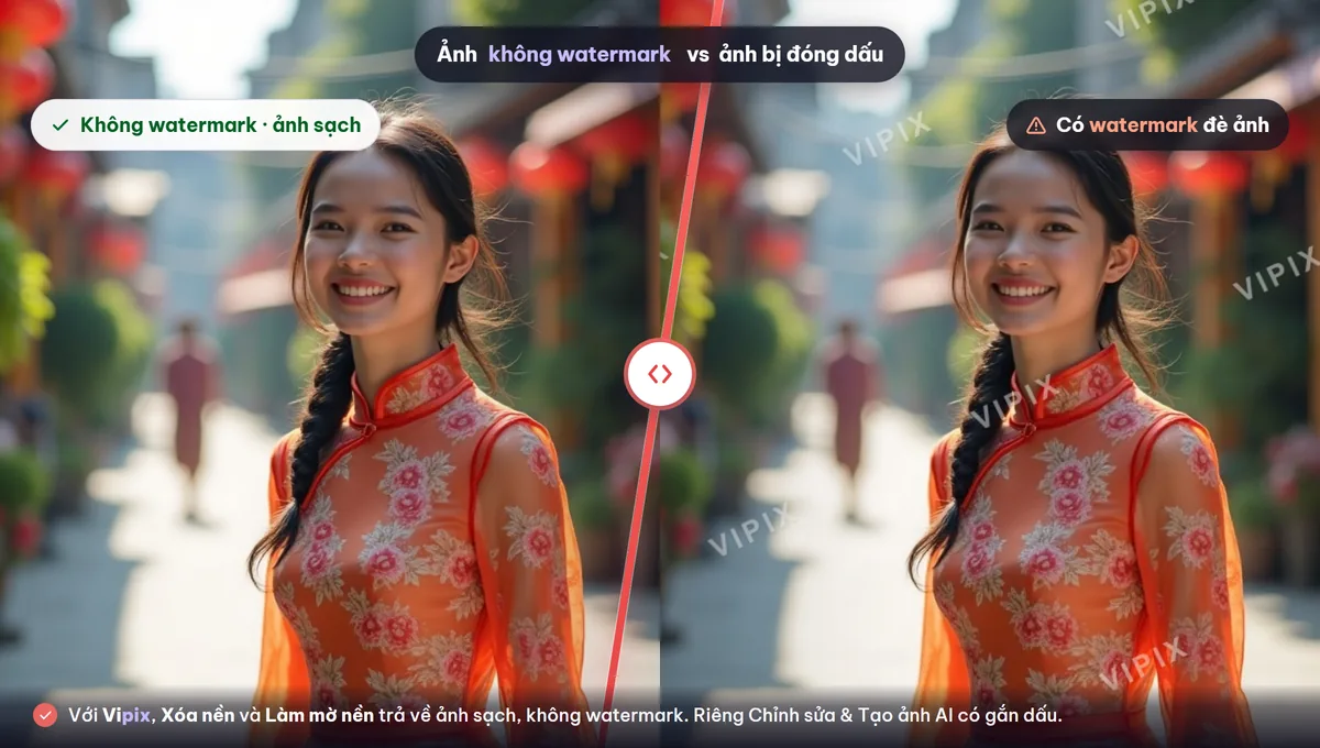 Minh hoạ hai kết quả cạnh nhau: ảnh xoá nền sạch không watermark bên trái, ảnh tạo bằng AI có watermark mờ bên phải