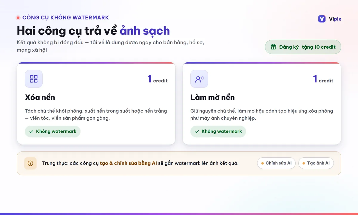 Sơ đồ các công cụ VIPIX thân thiện với người dùng miễn phí: xoá nền 1 credit không watermark, làm mờ nền 1 credit, làm nét 4K, làm mịn da