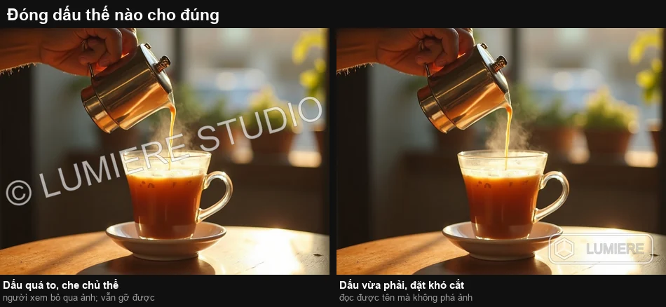 Hai mẫu đóng dấu đặt cạnh nhau: dấu quá to che chủ thể và dấu vừa phải đặt ở góc khó cắt