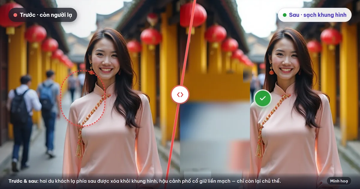 Ảnh trước và sau khi xoá người lạ và vật thể thừa khỏi khung hình du lịch bằng AI VIPIX